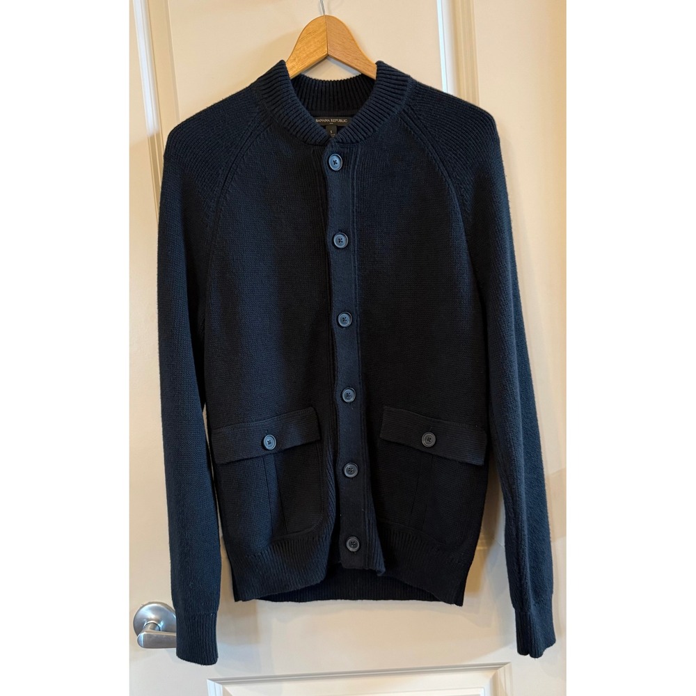 Banana Republic Women's Black Cotton Blend Button Front Mock Neck Cardigan Small